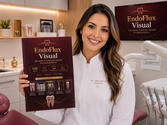 Dra. Juliana Martins, endodontista, com o EndoFlux Visual — 120 Mapas Clínicos Visuais de Endodontia