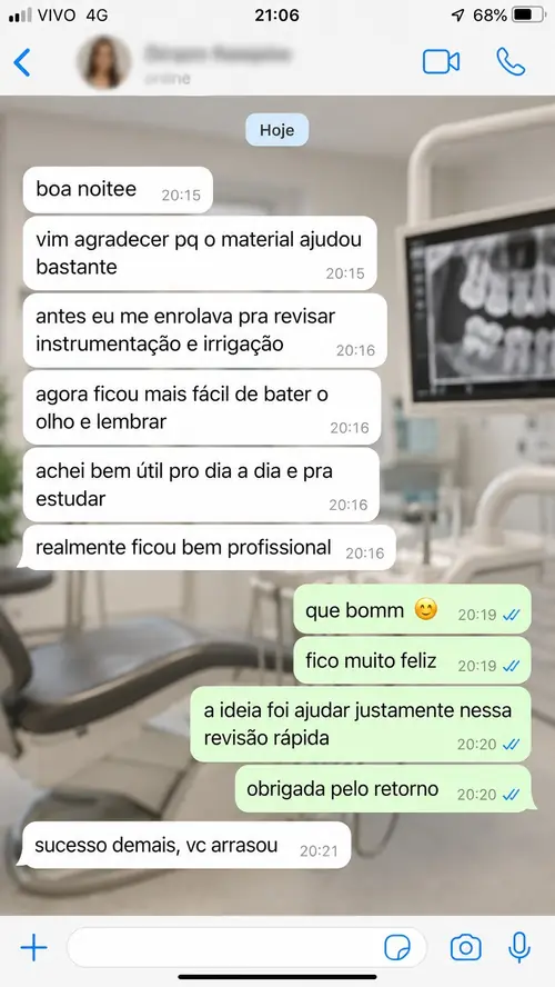 Print de cirurgiã-dentista agradecendo pelo material de endodontia