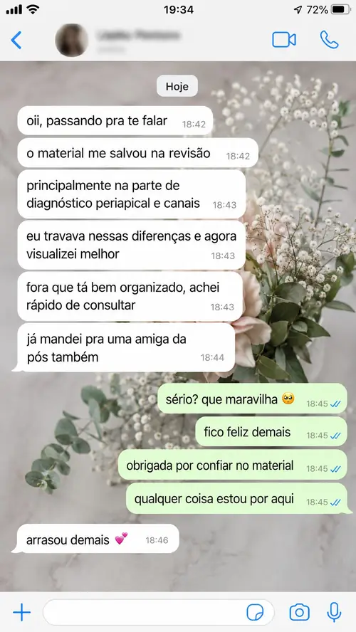Print de dentista elogiando o material sobre diagnóstico periapical e canais