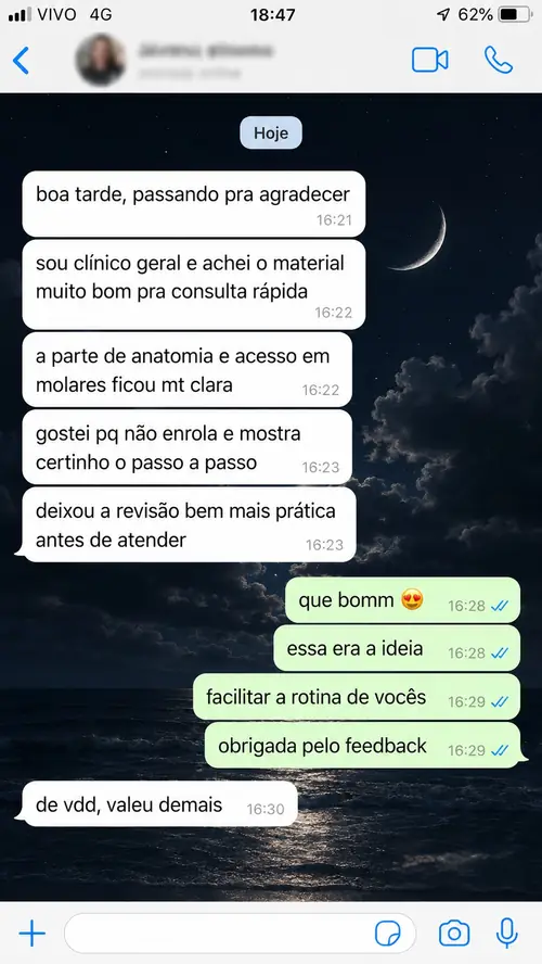Print de clínico geral elogiando a anatomia e acesso em molares do material