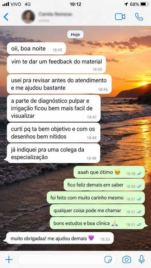 Print de dentista elogiando o diagnóstico pulpar e irrigação do material